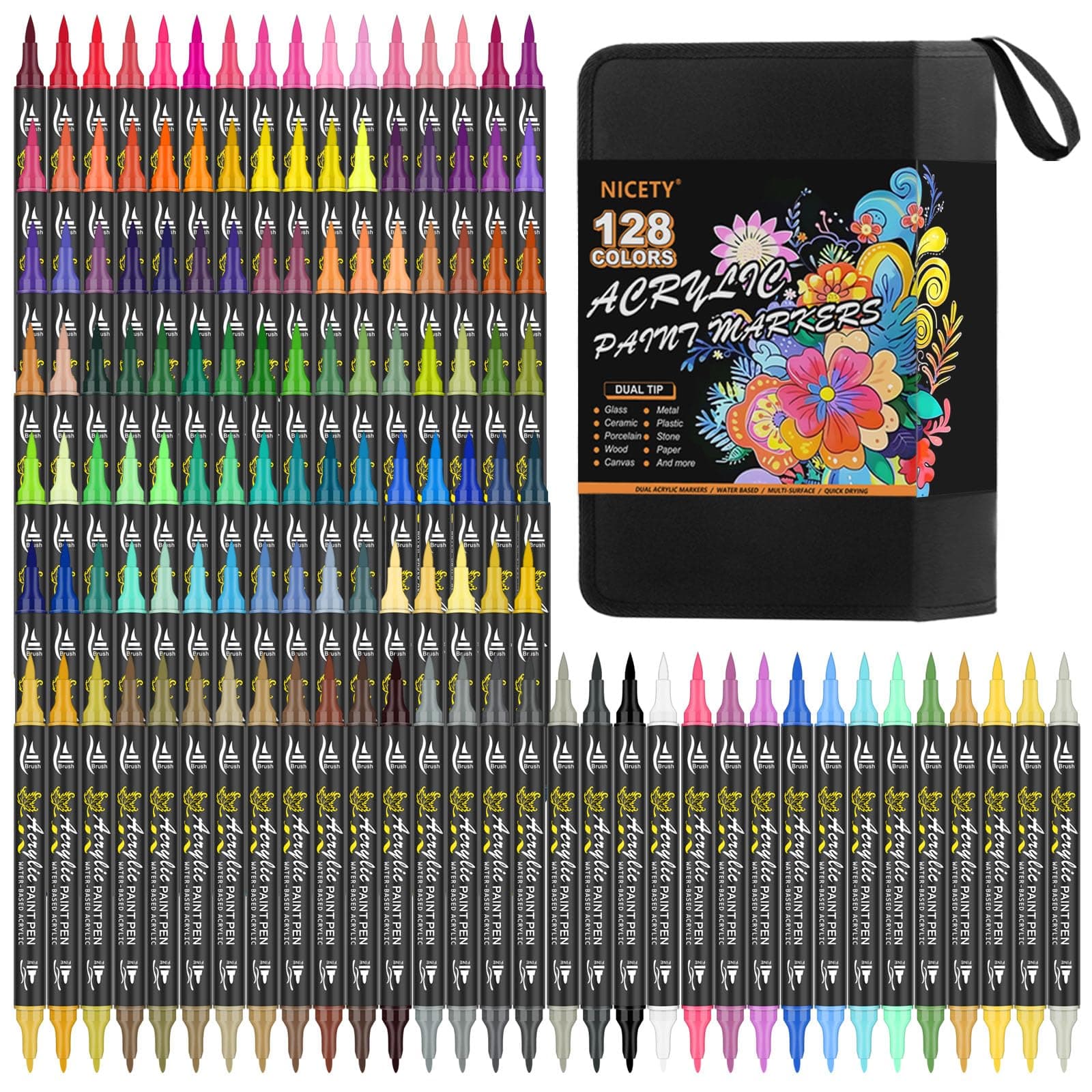 NICETY Marqueur Peinture Acrylique 128 Pcs - Peinture Stylo Acrylique pour Bois, Toile, Verre, Céramique - Double Pointe