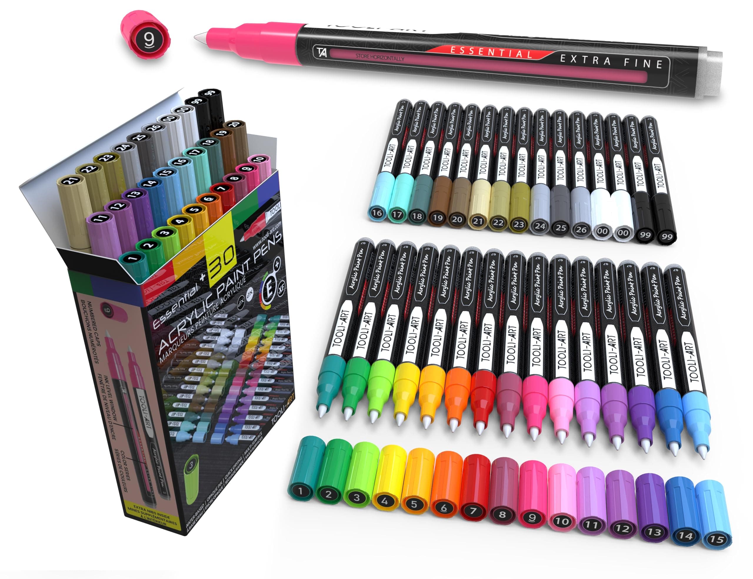 Marqueurs peinture acrylique extra fine 0,7 mm - Lot de 30 - Non toxique, à base d'eau, séchage rapide - Idéal pour pein