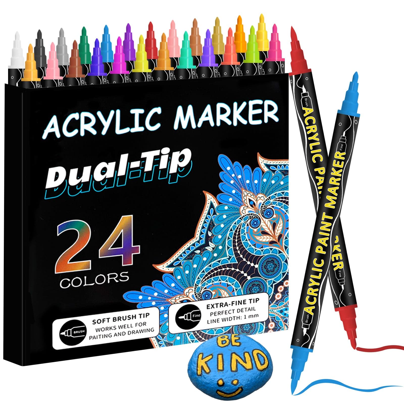 Marqueurs acryliques imperméables CNMTCCO - Multimarqueur pour pierres et bois - Collection de 24 couleurs - Double poin