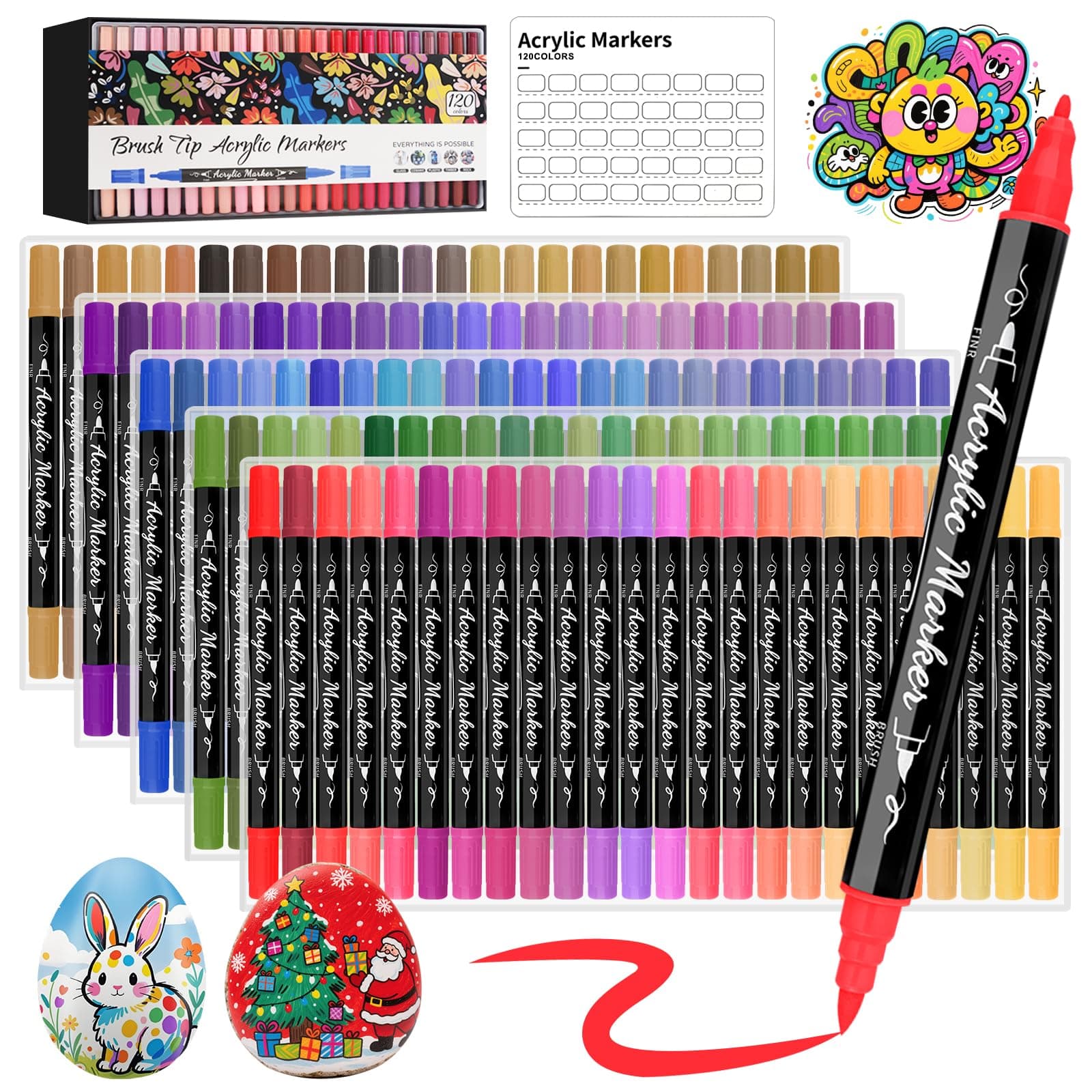 Marque Funnasting Feutre Acrylique 120 Couleurs Double Pointe Peinture Acrylique pour Verre Tissu Céramique Œuf Rocher F