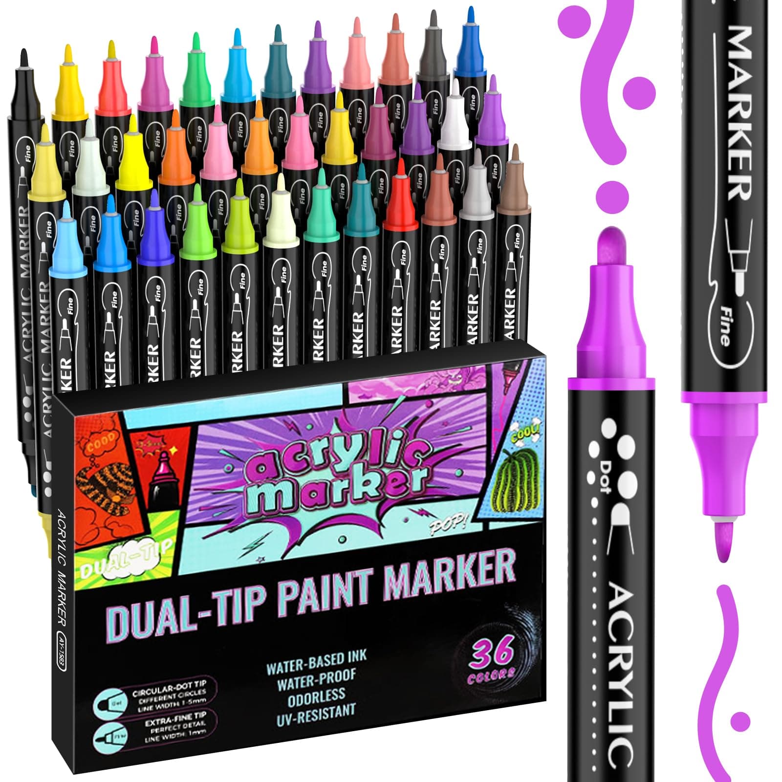 Marqueurs Acryliques 36 Couleurs Feutre Acrylique Double Pointe, pour Peinture des Rochers et Céramique, stylos peinture