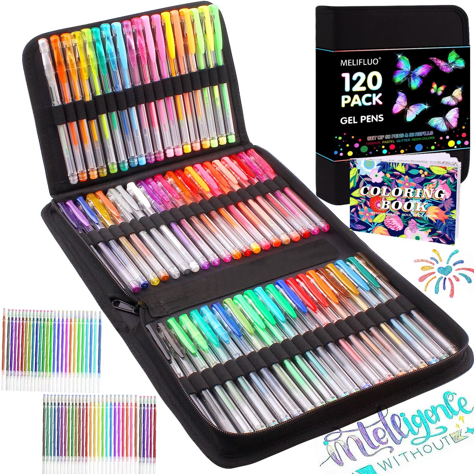 Melifluo Lot de 120 Stylos Gel Pailletés - 60 Couleurs avec 60 Recharges pour Coloriage et Dessin - Idéal pour Adulte et