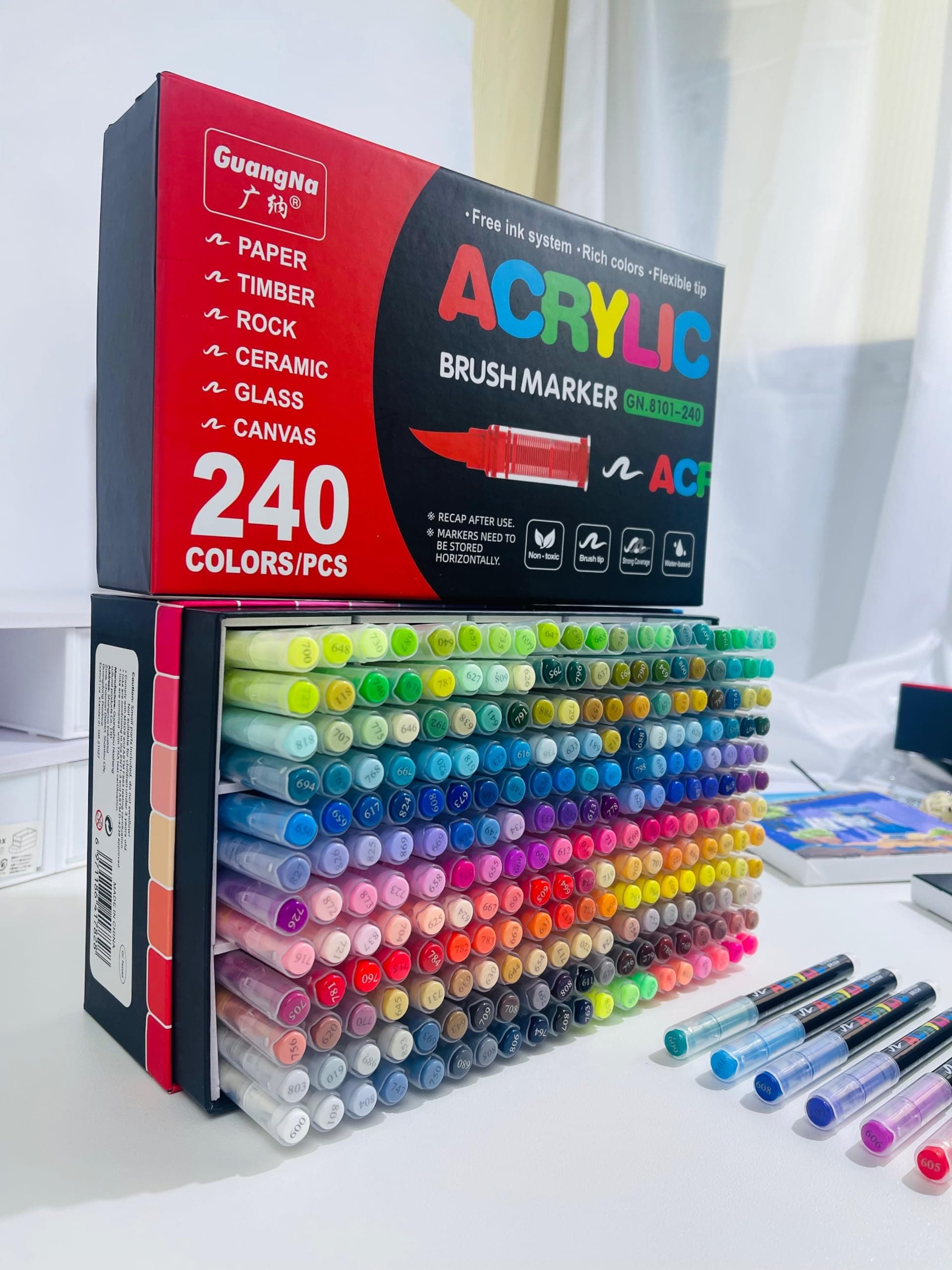 Guangna feutres acryliques 240 pour dessin sur verre et bois, encre opac superposable, cahier de coloriage flexible, par