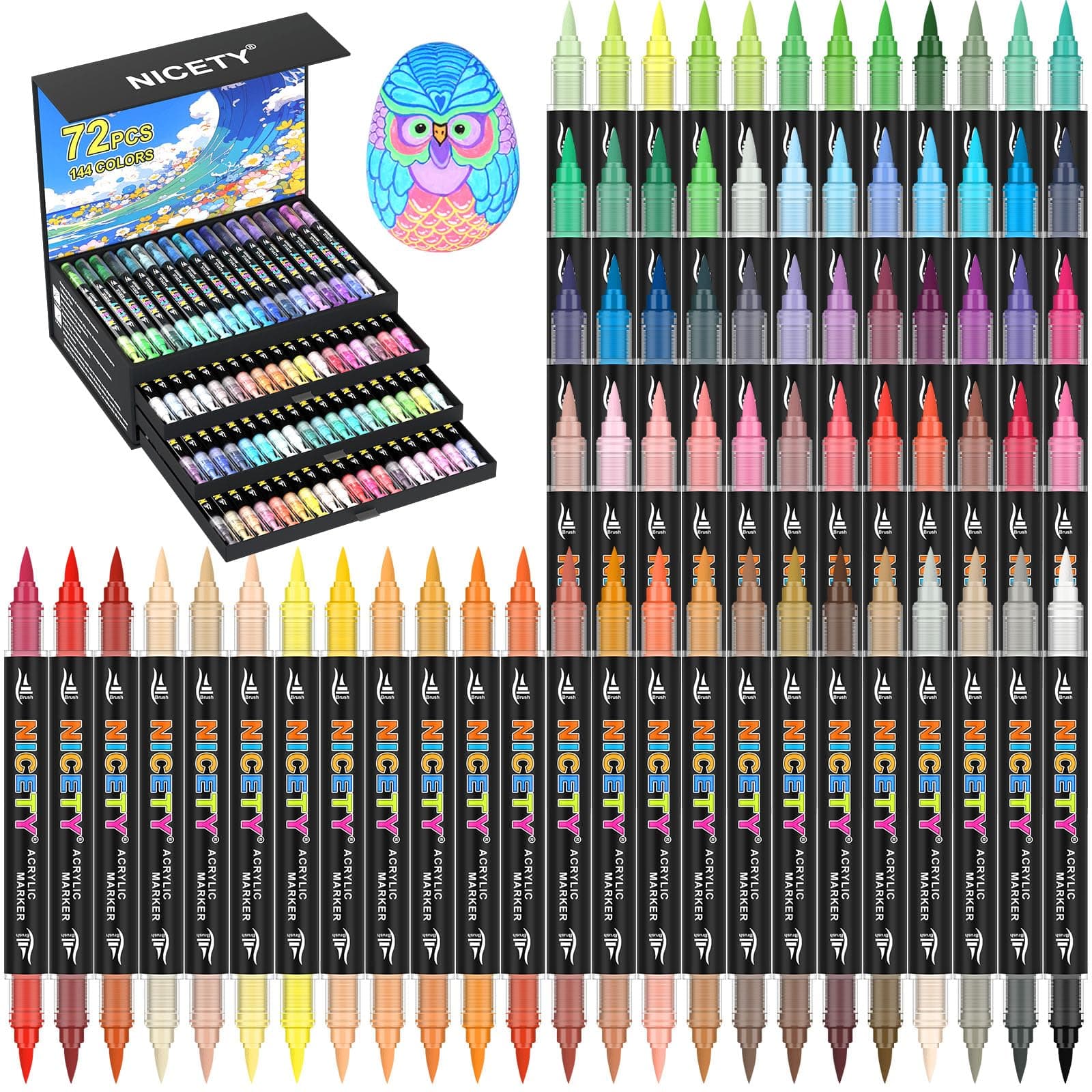 NICETY 144 Couleurs Feutres Acryliques pour Artisans - 72 Marqueurs Double Pointe Résistants - Idéal pour Pierre, Bois,