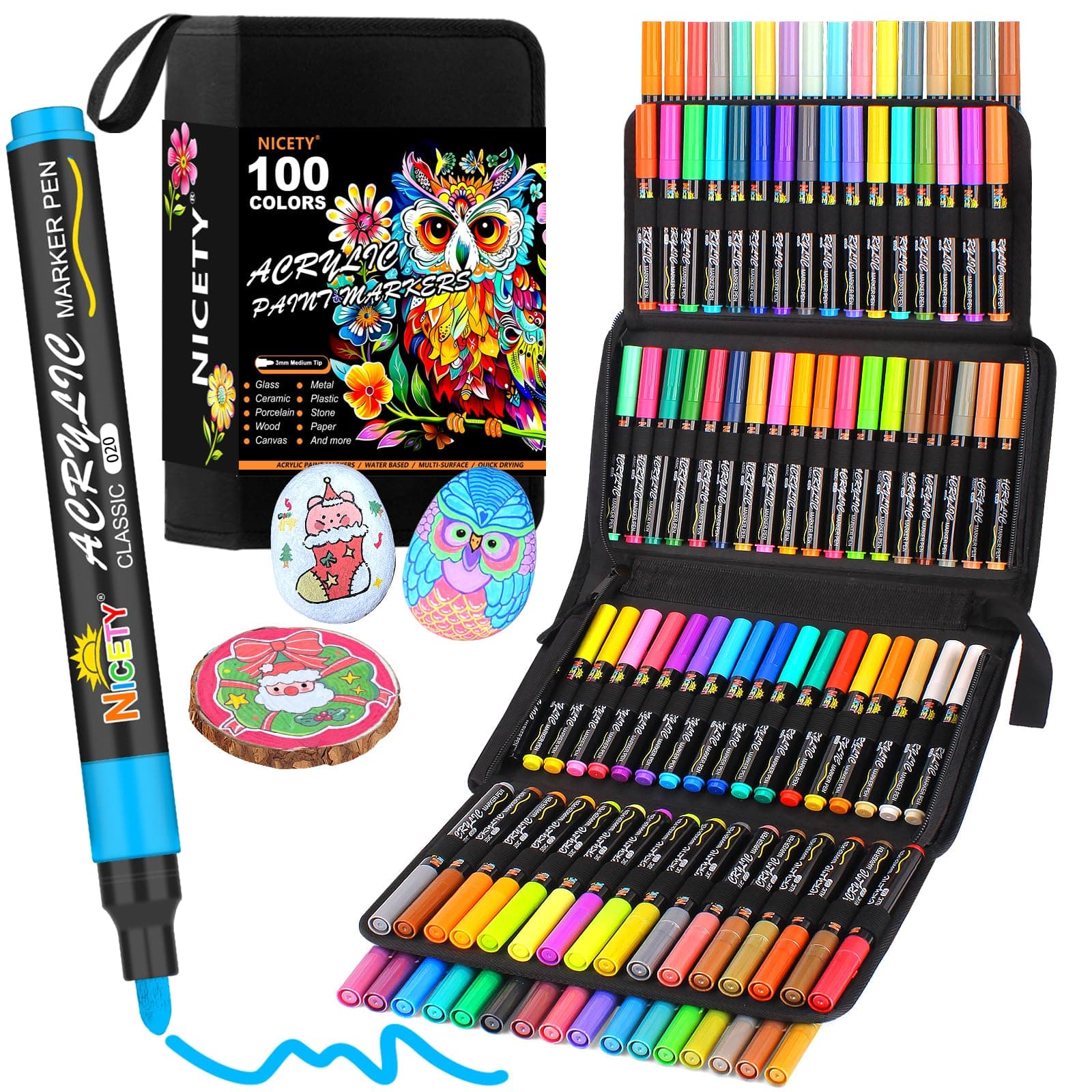 Nichetiness Feutres Acryliques 100 Couleurs - Pointe de 3 mm - Pour Roche, Verre, Bois, Porcelaine, Céramique et Tissu -