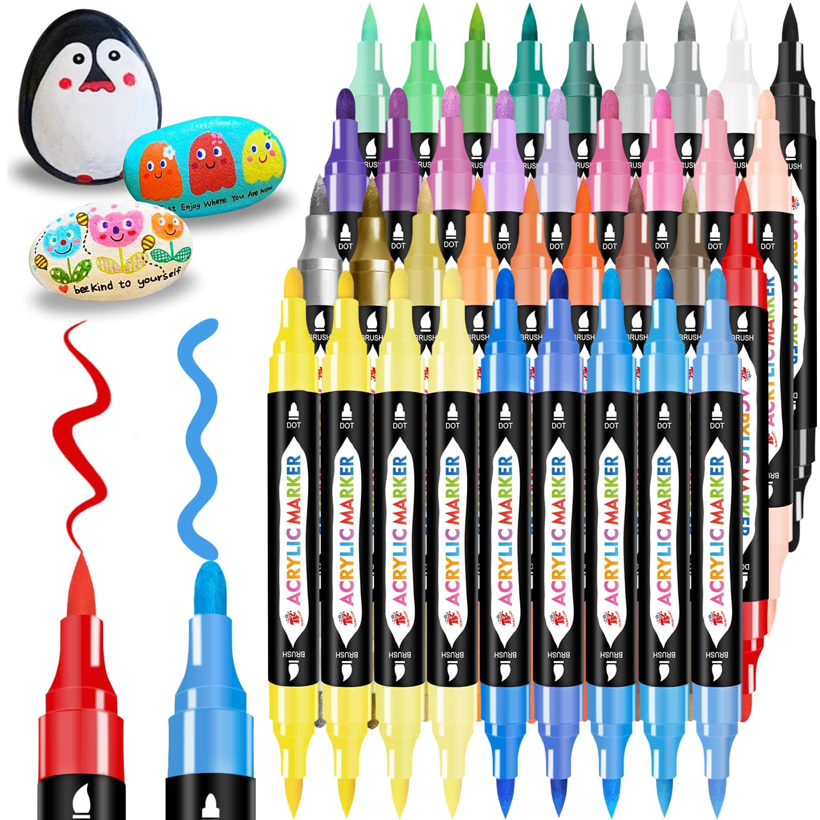 Marqueurs Acryliques TBC 36 Feutres permanent pour Stone, Canvas et Wood - Stylos Acryliques Double Pointe
