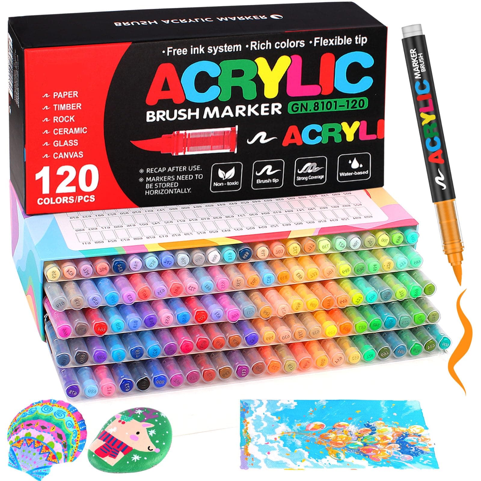 Efimeso 120 Couleurs Feutre Acrylique pour Artistes, Marqueur Peinture Acrylique à Pinceau à Base D'eau, Apprentis et Ex