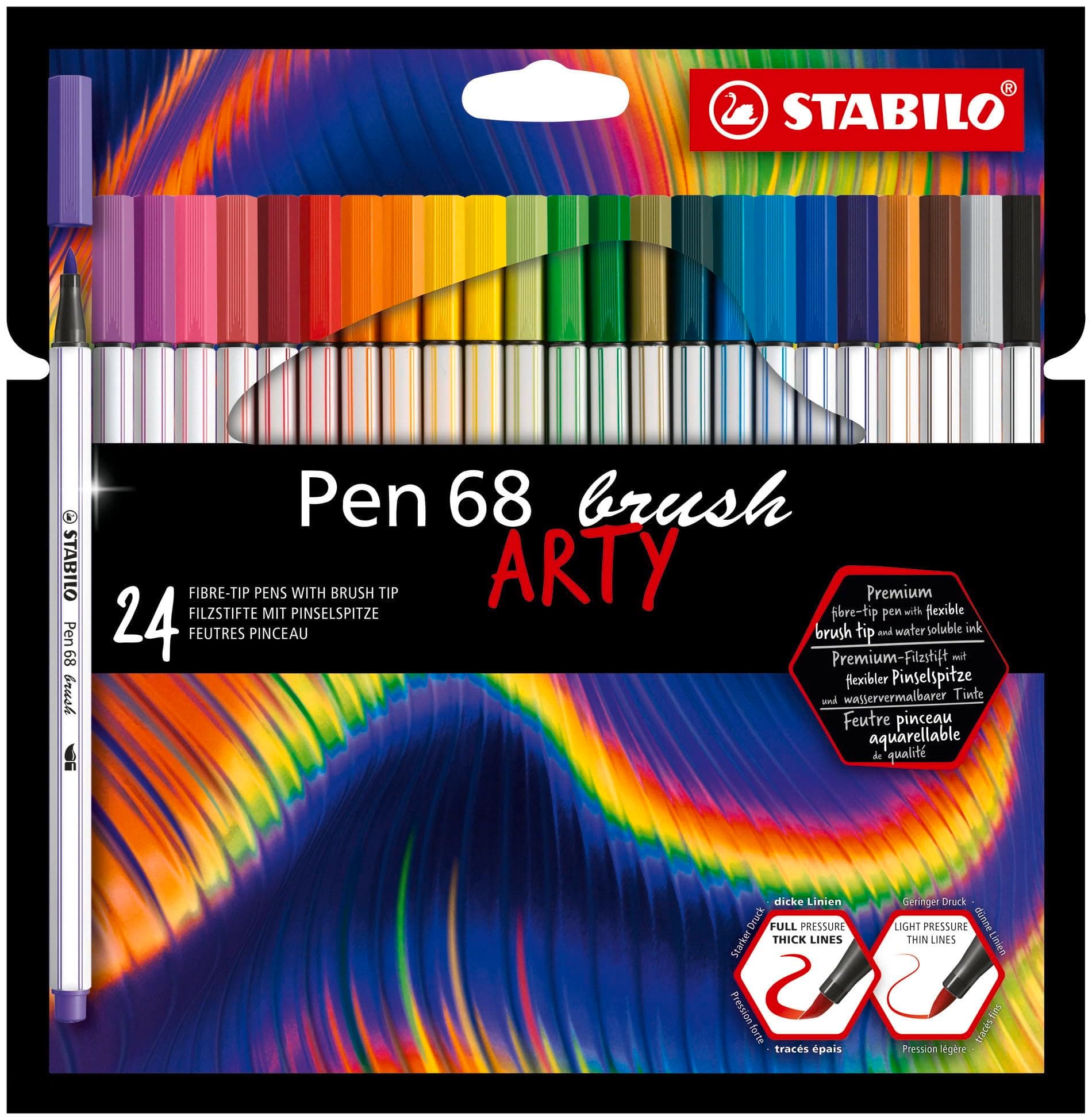 STABILO Feutre pinceau Pen 68 brush - Couleurs vives - Enfants - TravAIL & ÉCRIRE x 24 feutres - Etui carton - gamme ART