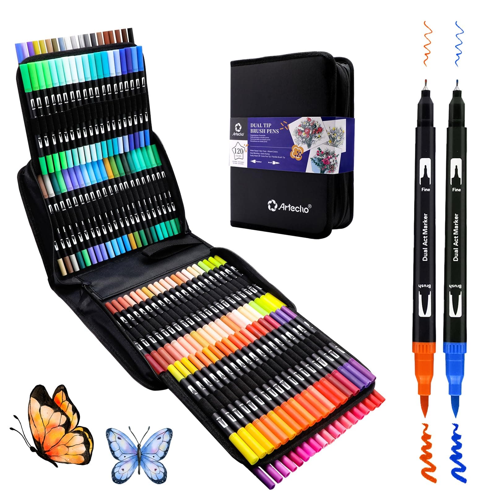 Feutre Coloriage Adulte Artecho, 120 Couleurs Double Pointe pour Dessin et Calligraphie, idéal pour Mandalas, Manga et D