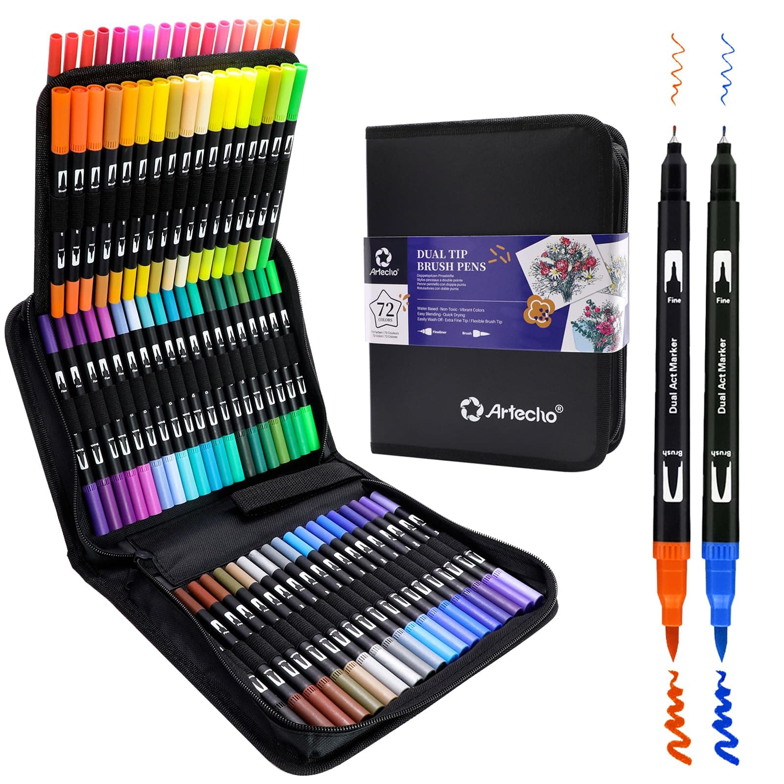 Feutres aquarellables Artecho pour adultes, 72 couleurs double pointe, idéal pour dessin, calligraphie et doodling