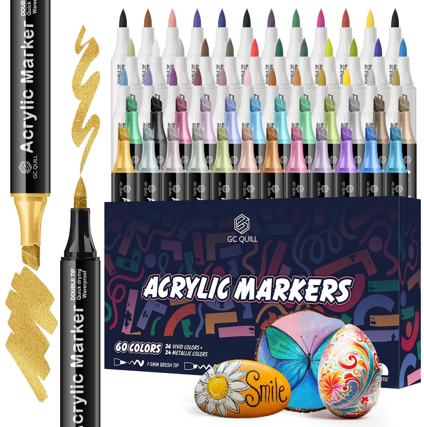 GC QUILL Feutres Acrylique - 60 couleurs - marqueurs acryliques double pointe embouts pinceau et biseau (1-5mm) - pour p