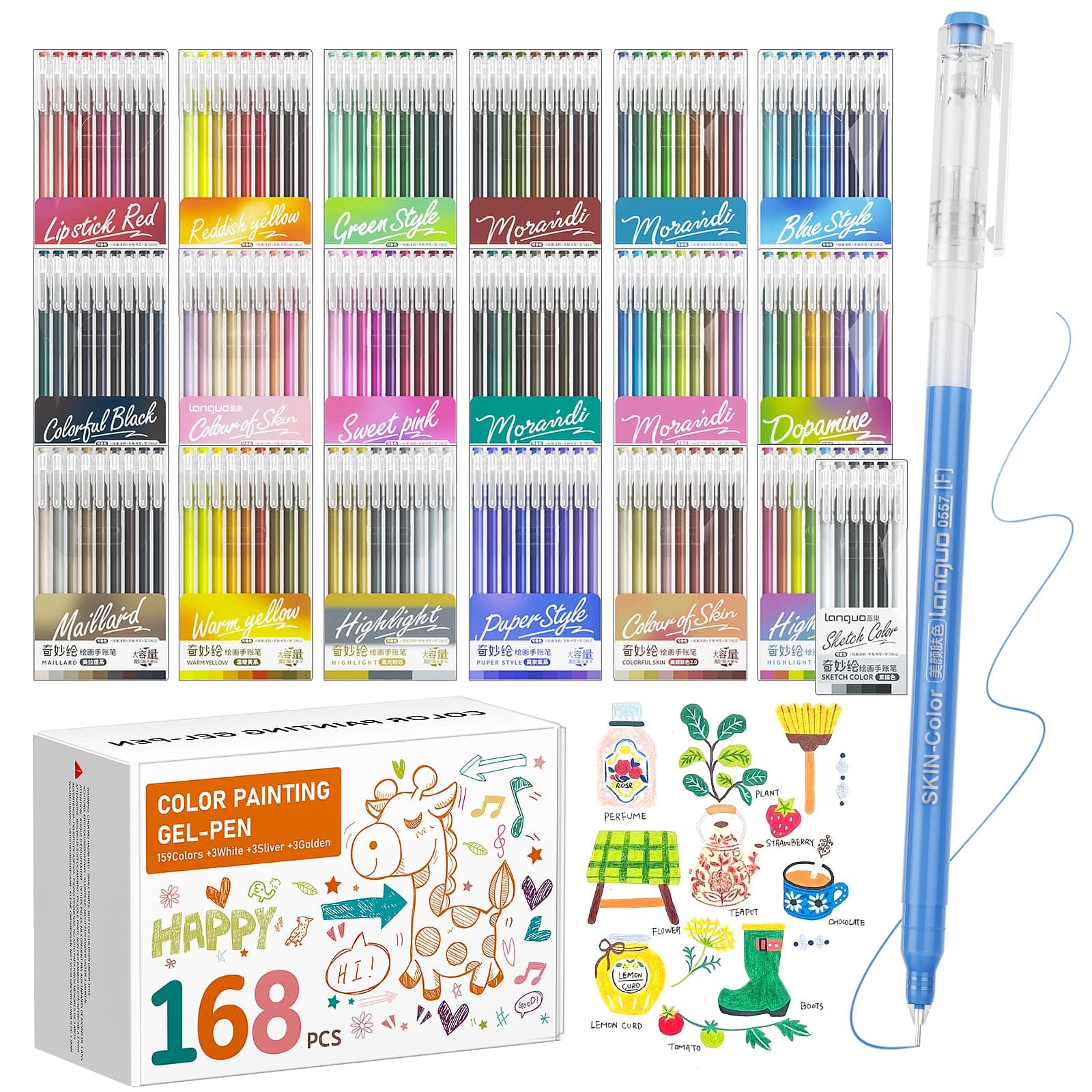 TrendGate - Stylos Gel Set 168 Pièces Pointe Fine 0,5 mm Couleurs 162 - Pour Adultes et Enfants - Coloriage Adultes Écri