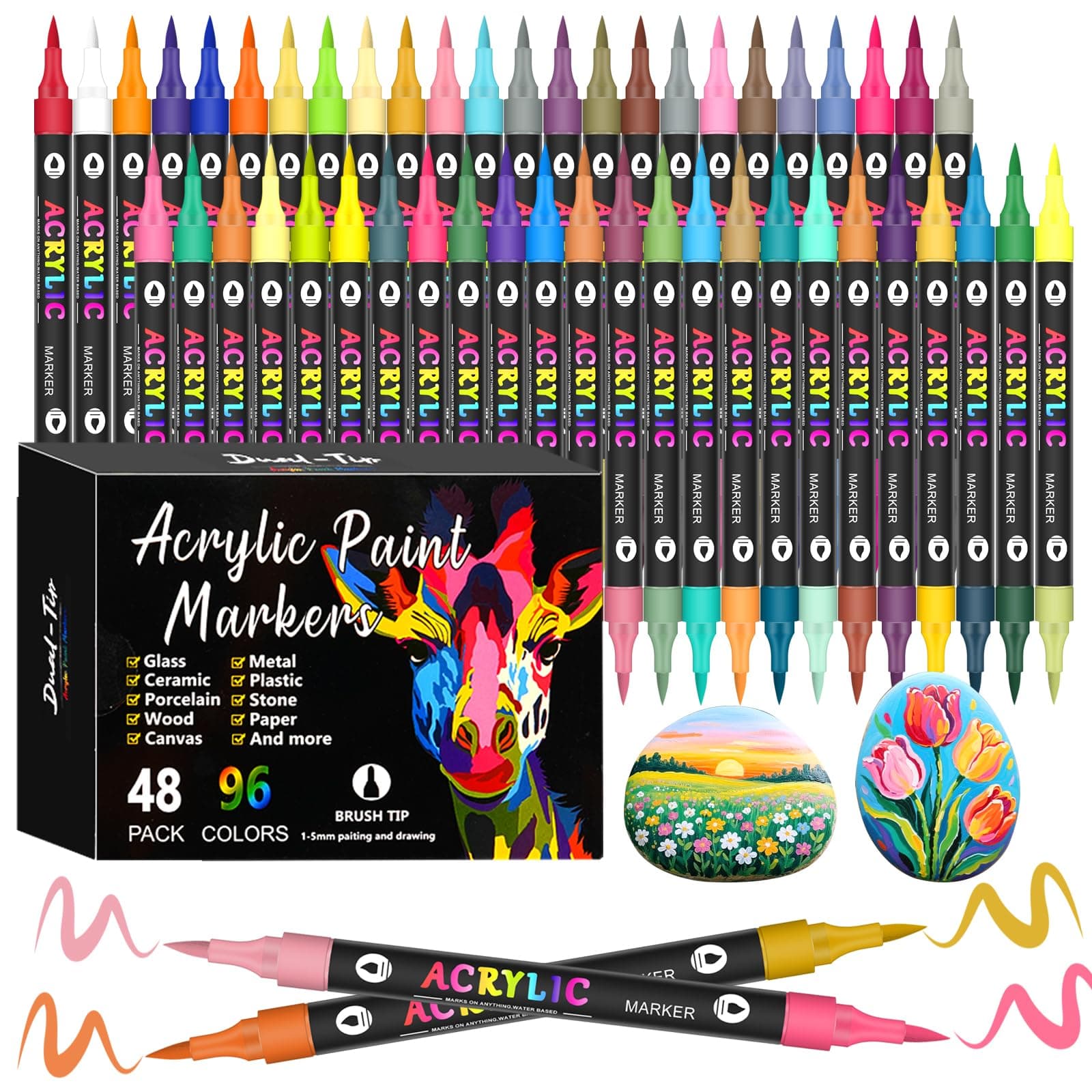 VividHues 48 Feutres Acrylique Dual Tips - Peinture Acrylique pour Peinture sur Bois, Toile et Verre, DIY
VividHues 48 F