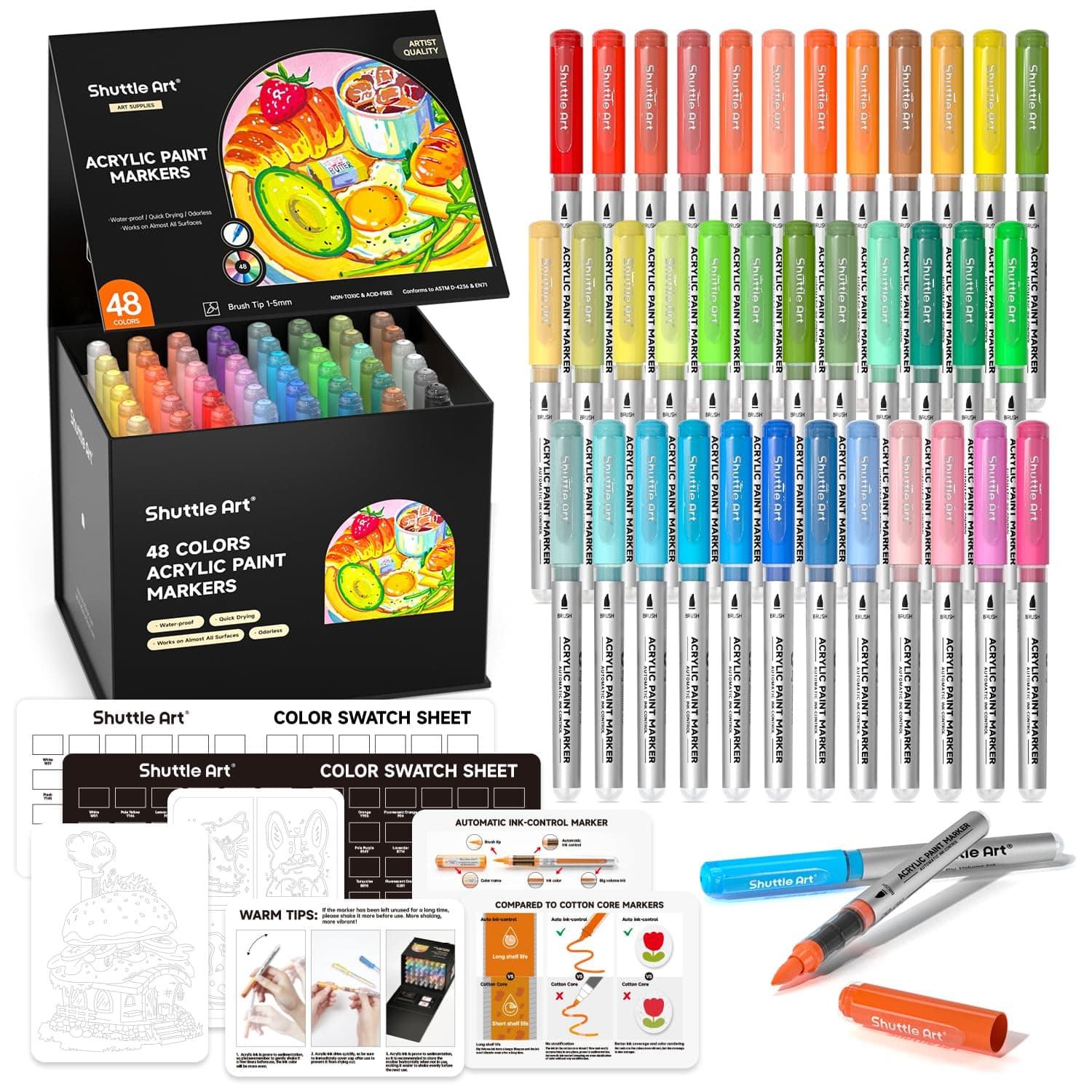 Shuttle Art Feutres Acryliques à Pointe Pinceau pour Calligraphie et Bricolage, 48 Couleurs Marqueurs Acryliques sur Cér