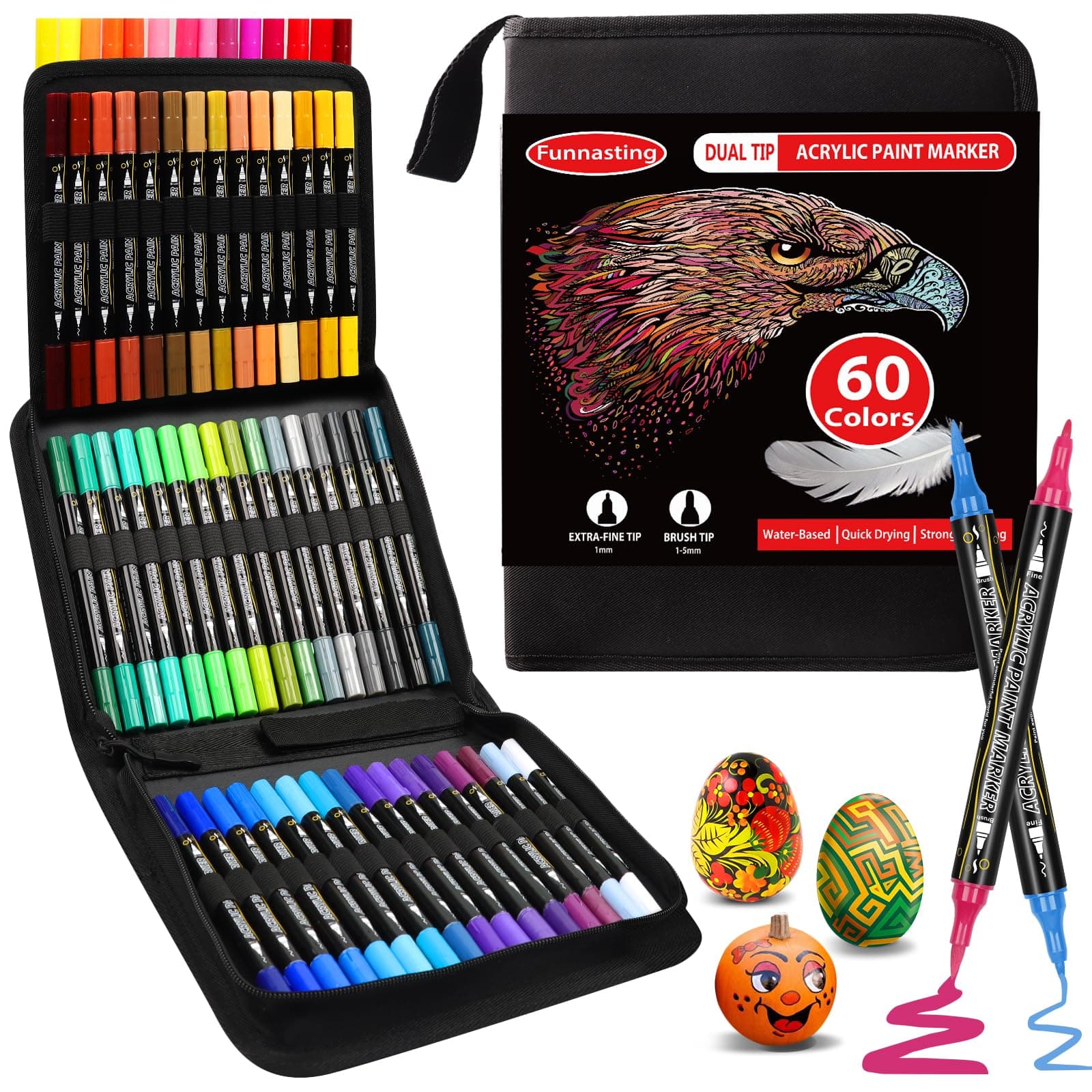 Funnasting Feutre Acrylique 60 Couleurs Double Pointe, Marqueur Peinture Acrylique Pinceau et Fin, Idéal pour Rochers, B