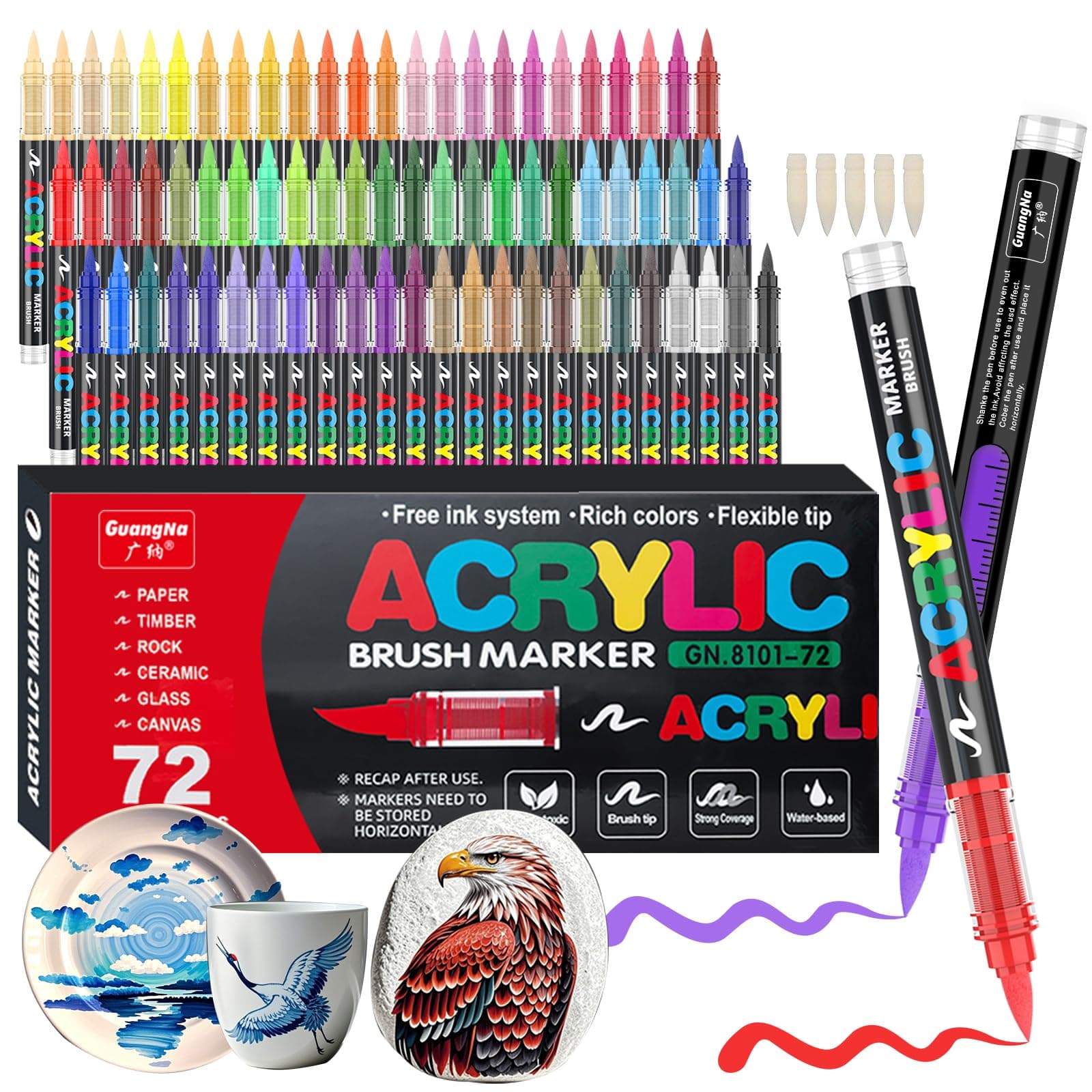 Feutres Acrylique Gelanty 72 couleurs pour peinture sur roche, céramique et bois - Embout pinceau flexible - Acrylic Bru