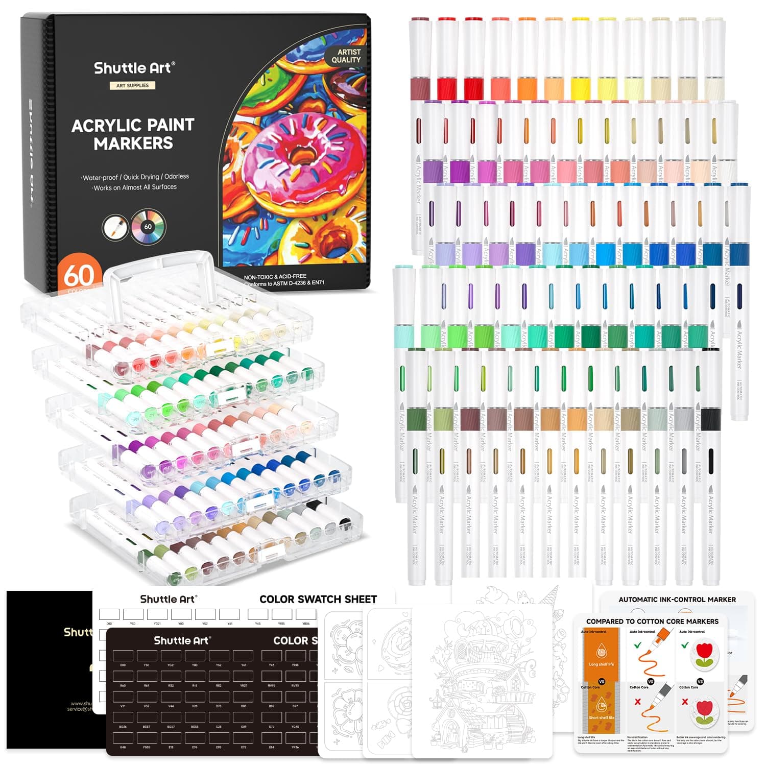 Marqueurs Acrylique Shuttle Art Feutre 60 Couleurs pour Calligraphie et Bricolage, Éco-Confiabilidade GRS, Idéal pour Ar