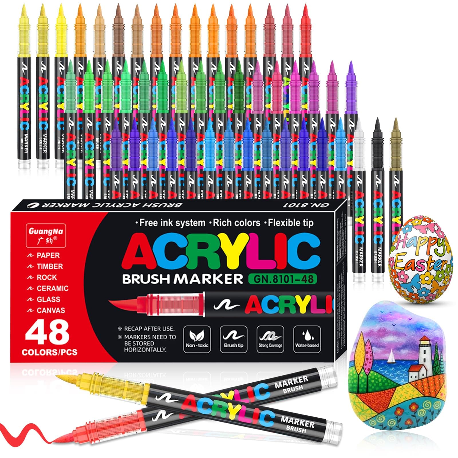 Marqueurs acryliques imperméables VAKKI - Lot de 48 - Pointe pinceau - Idéaux pour les pierres, verre, bois et plastique