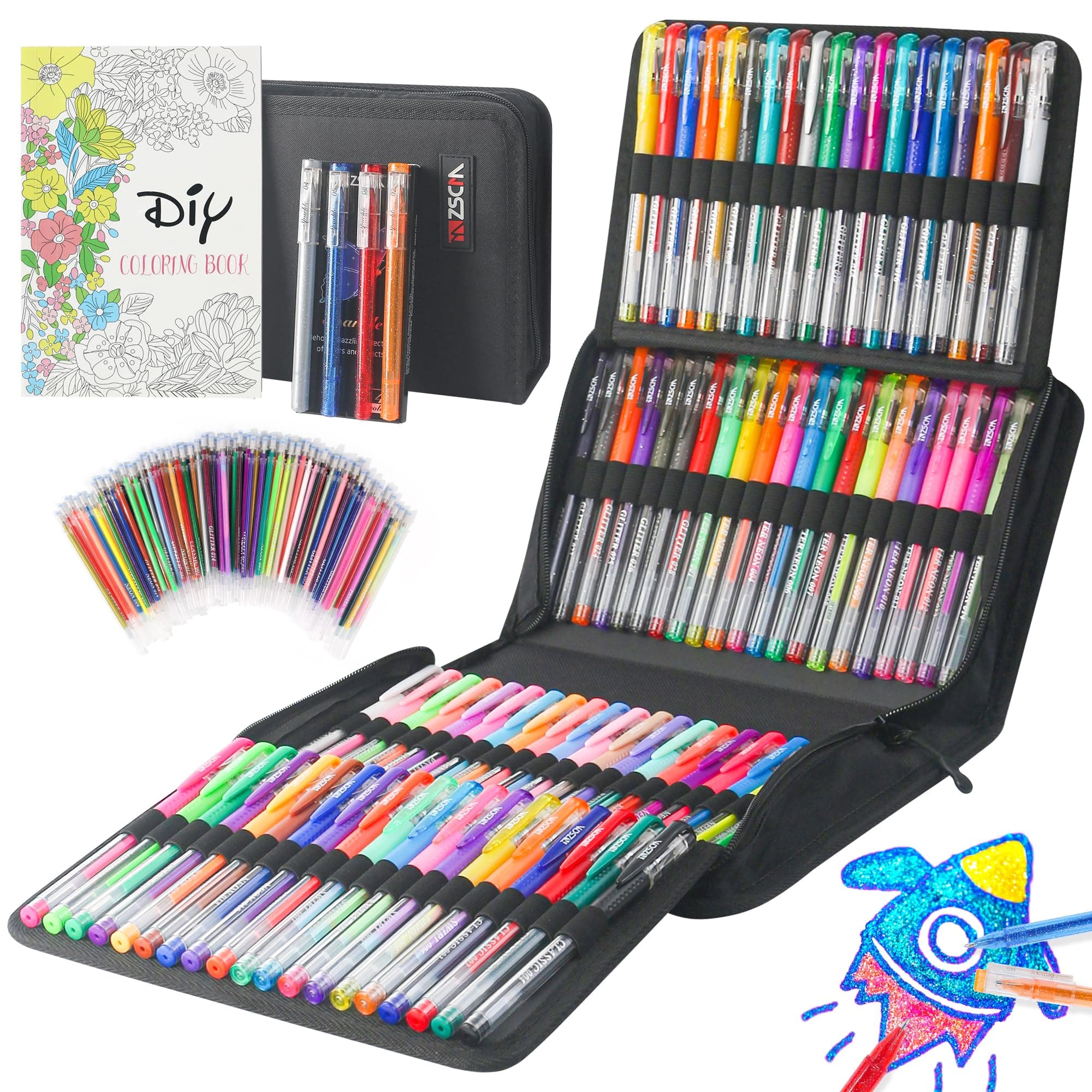 Stylos gel pour adultes + crayons d'artiste + récipients pour adultes | Lot de 202 stylos gel + 104 crayons d'artiste +