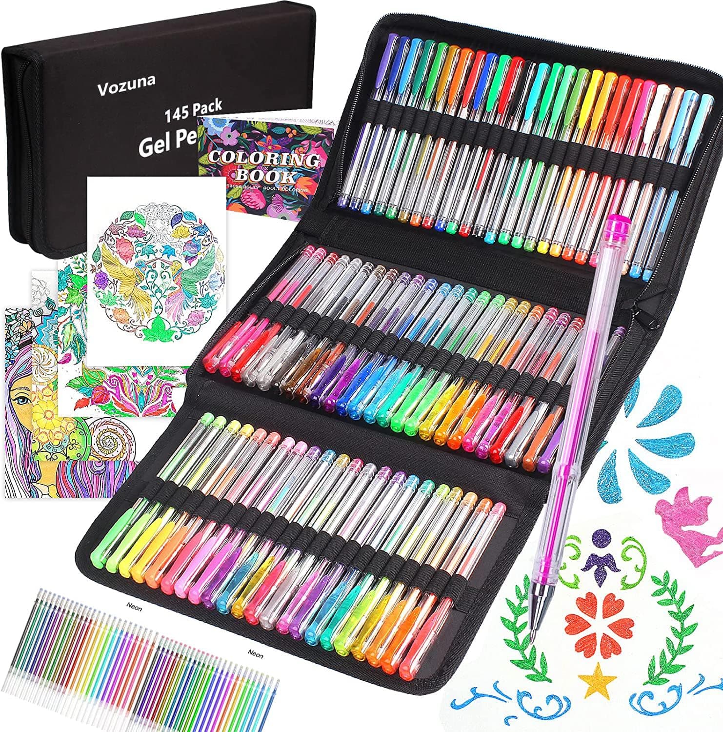 Vozuna Lot de 145 Stylos Gel de Pailletés 72 Couleurs Uniques avec Recharges pour Enfants et Adultes - Artisanat et Scra