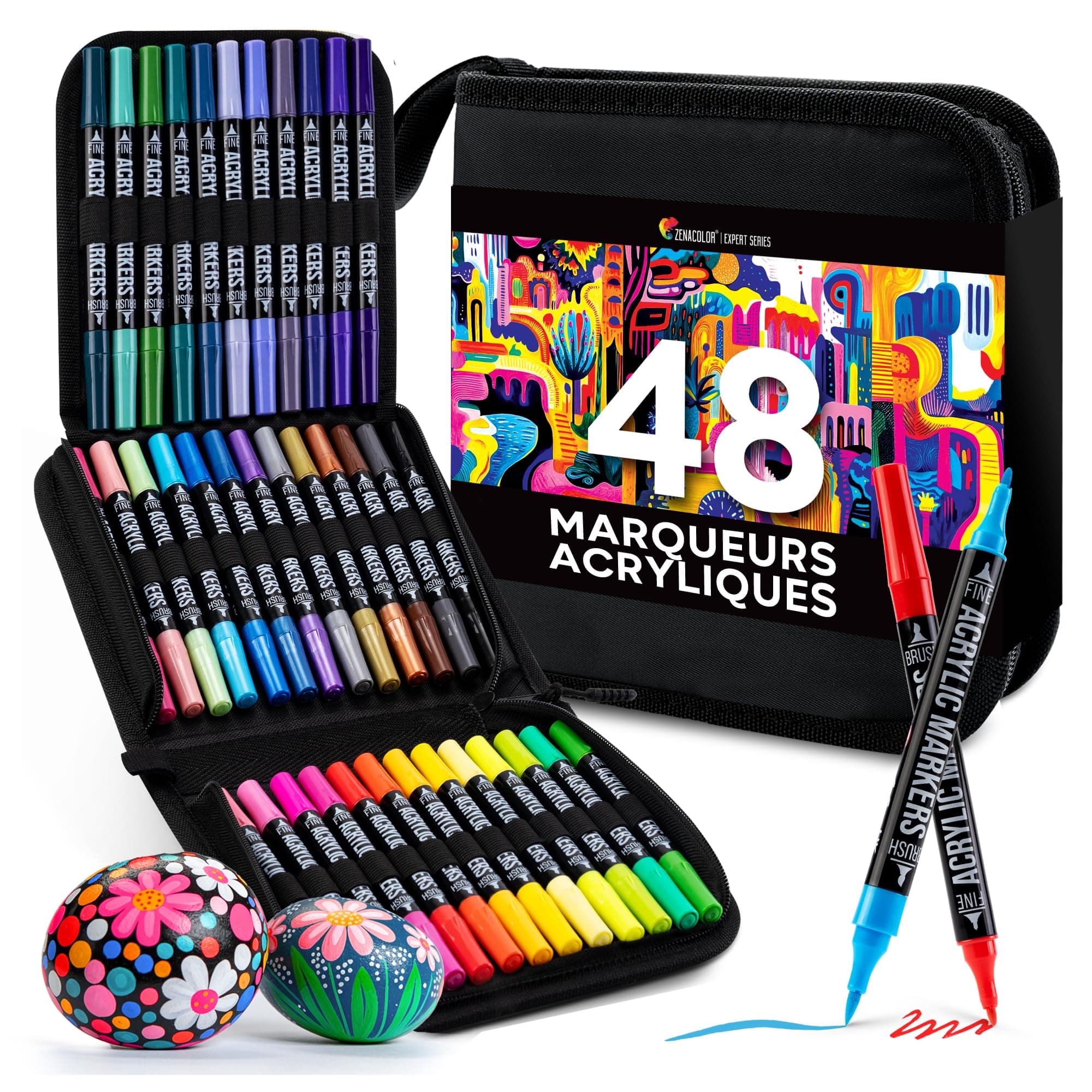 Marqueur Acrylique Zenacolor Double Pointe 48 Couleurs pour Artiste - Feutres Peinture - Pochette Incluse