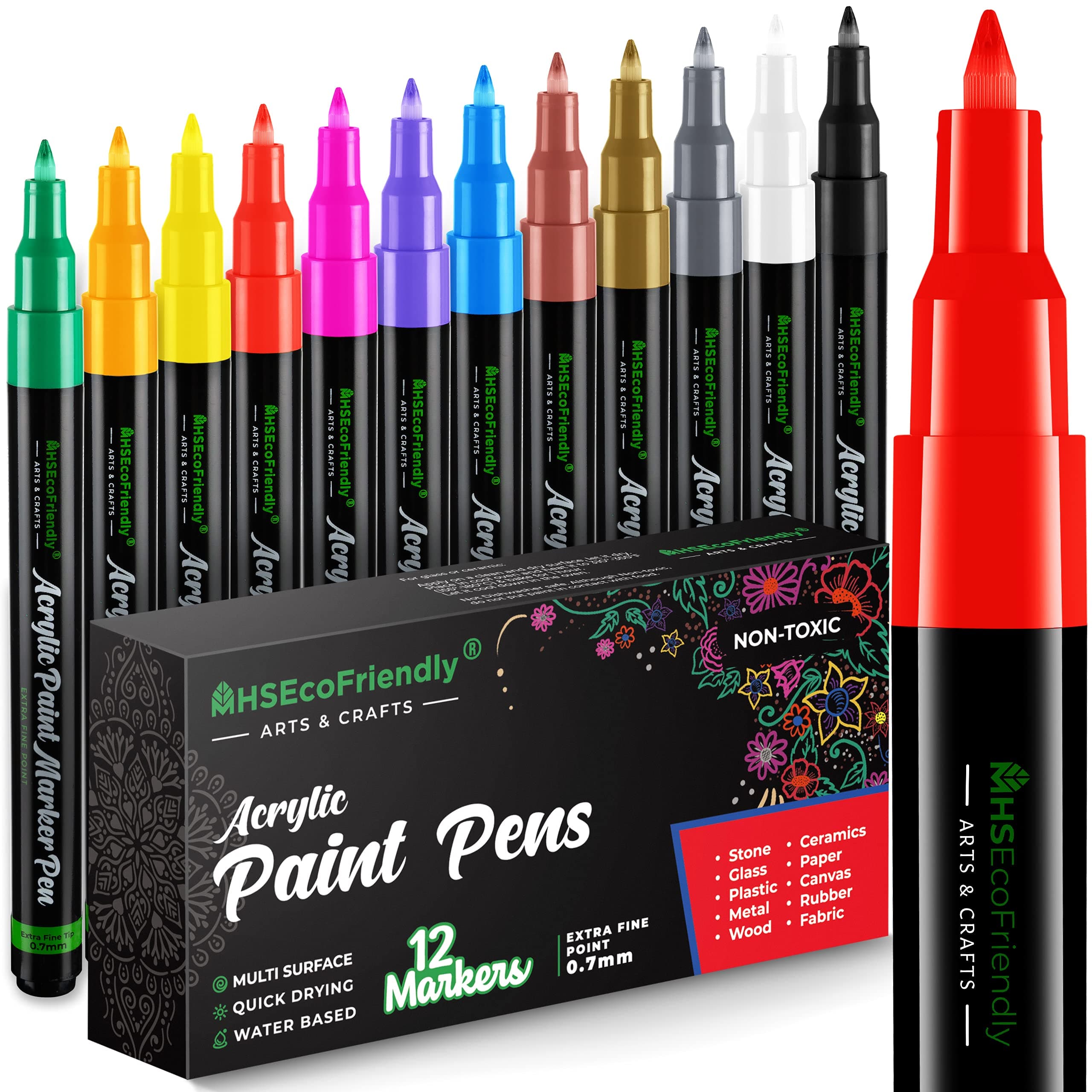 MHSEcoFriendly Lot de 12 stylos acryliques non toxiques à pointe fine 0,7 mm pour peinture sur roche, pierre, galets, ve