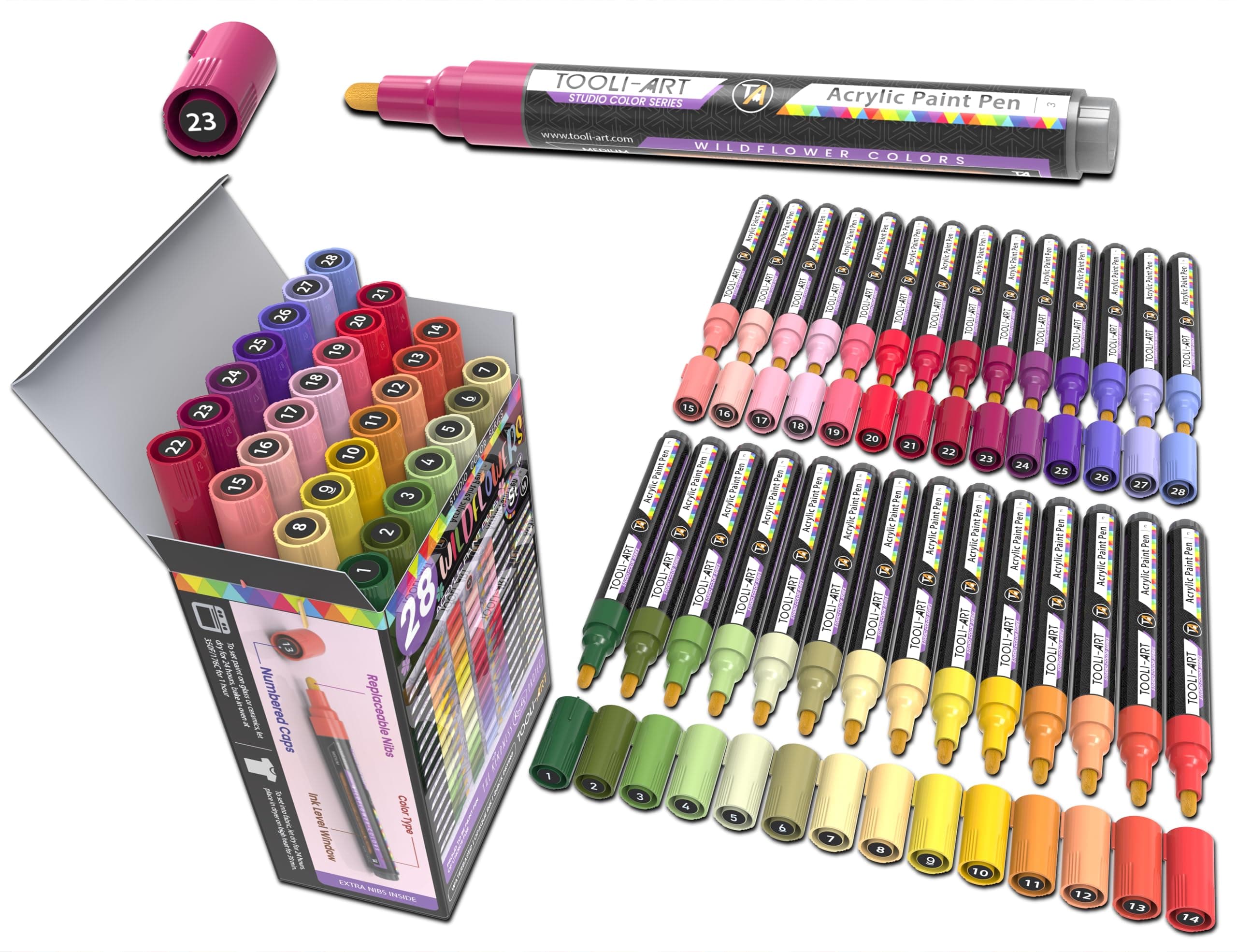 Marqueurs acryliques Wildflower Colors Studio Color Series - Paquet de 28 - Pointe moyenne 3 mm - Pour peinture sur roch