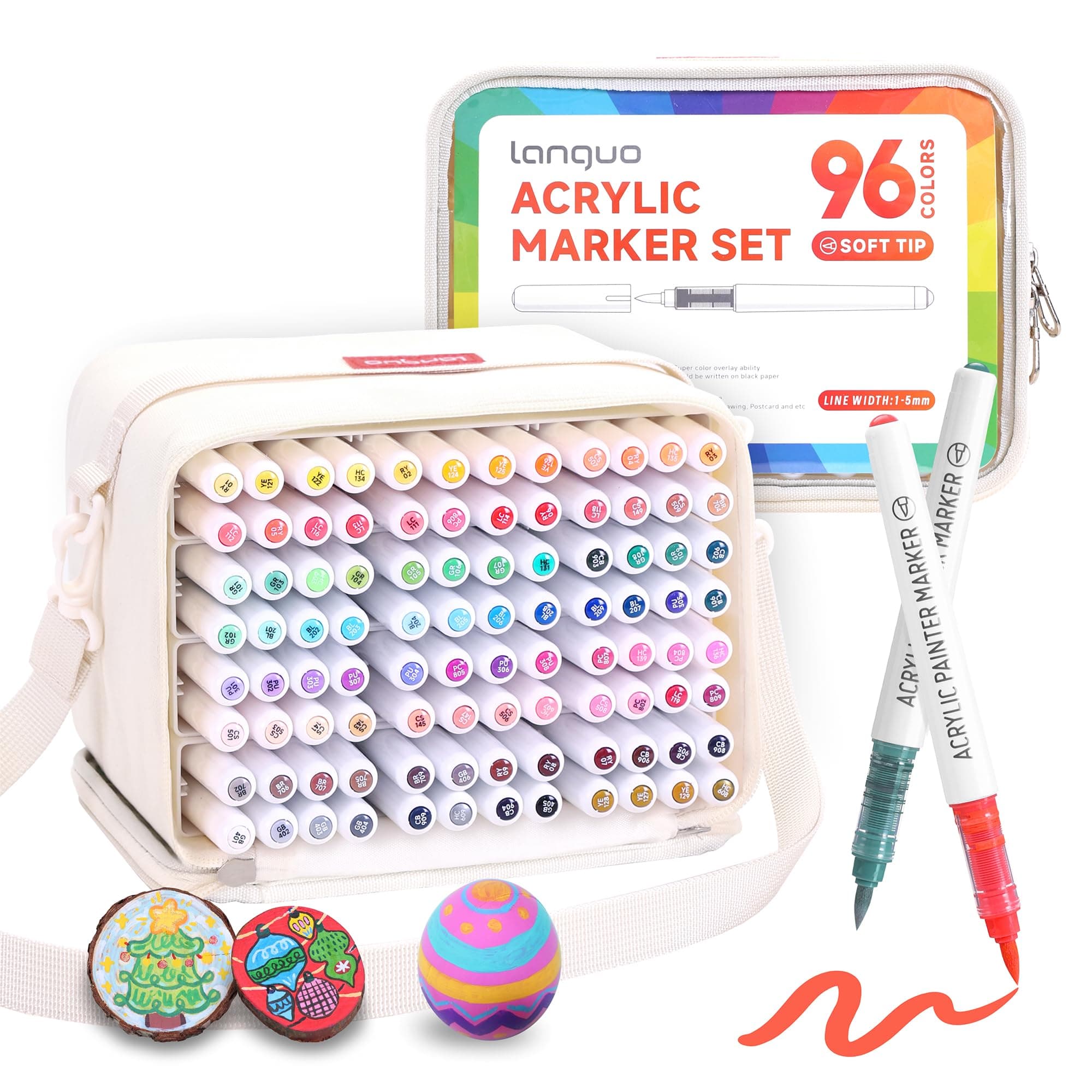 Languo Lot de 96 marqueurs acryliques pointe pinceau souple pour tout usage créatif, doux et durable, sac de marqueurs i