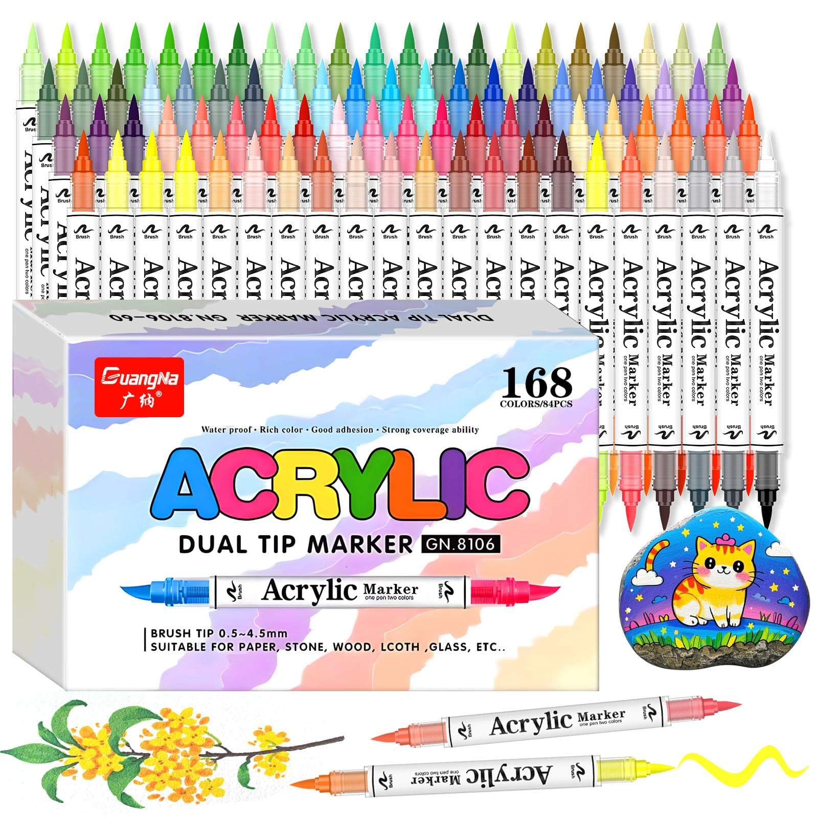 Gunsamg 168 Couleurs Feutre Acrylique pour Artistes – Acrylic Paint Markers 84 Pièces Double Pointe 0.5-|5MM – Peinture