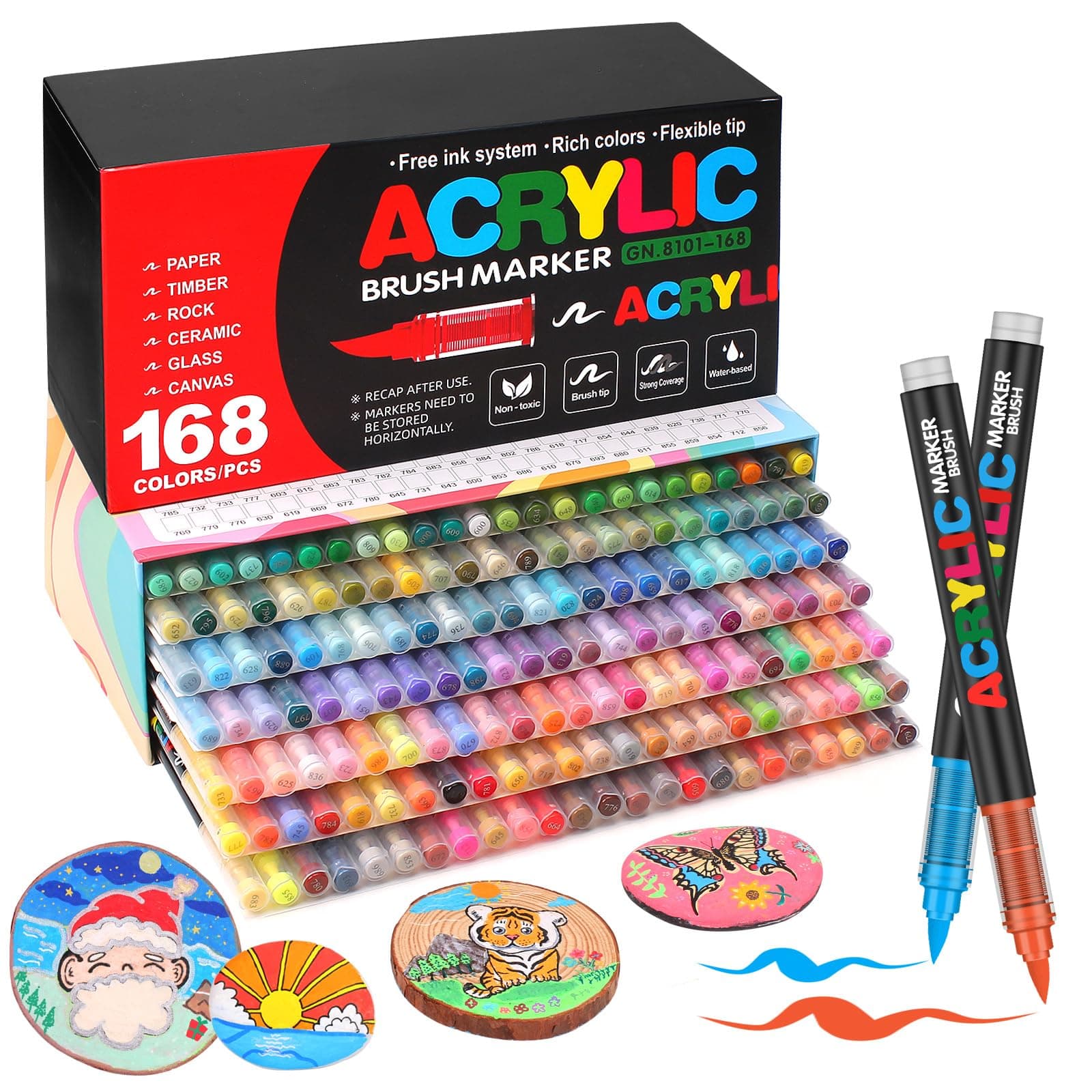 Laconile 168 Couleurs Feutre Acrylique pour Adulte, Stylos Acryliques Pointe Pinceau pour Coloriage, Calligraphie, Bois,