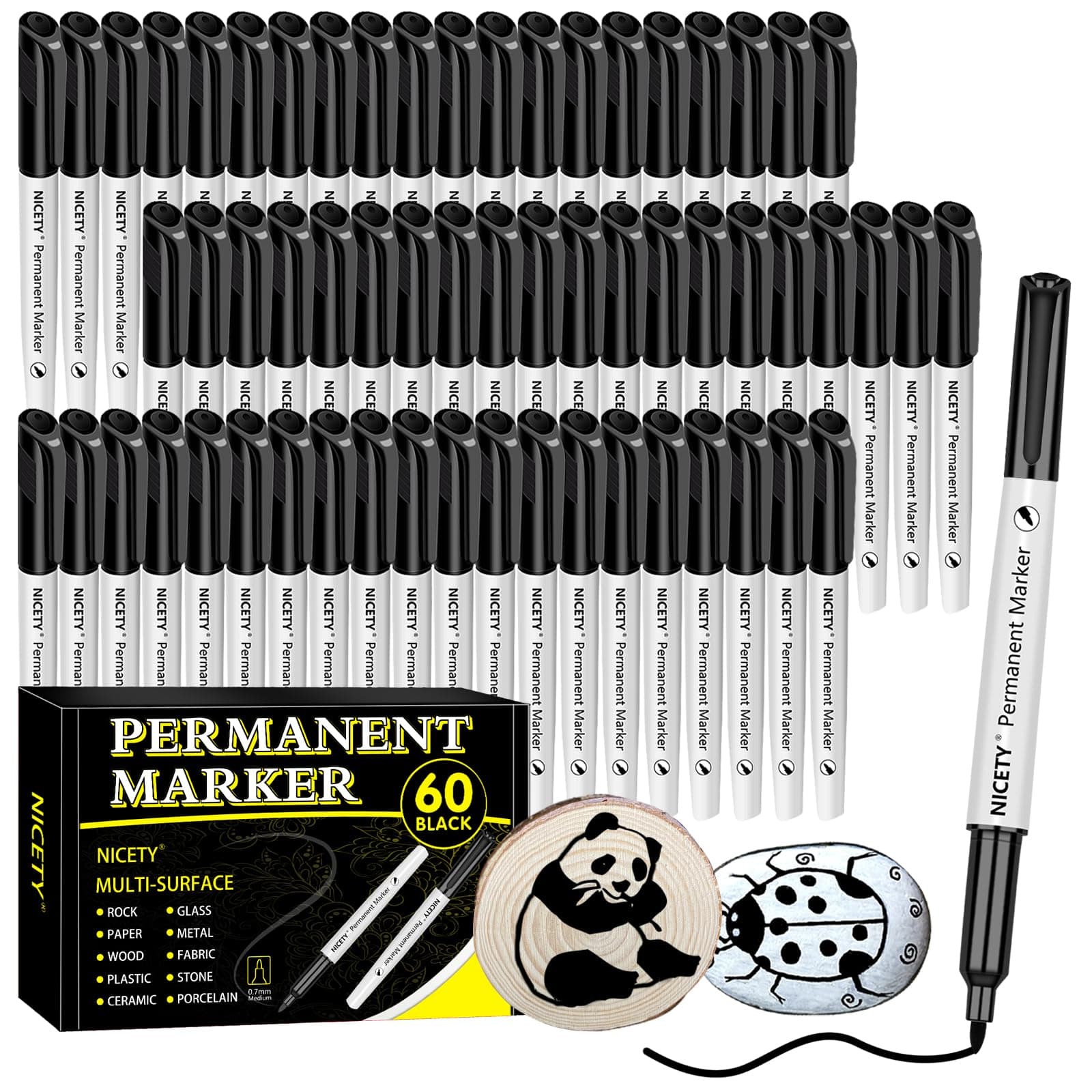NICETY Lot de 60 Stylos Marqueurs Noirs Indélébiles Pointe Fine pour Artistes Adultes, Dessin & Marquage sur Verre, Bois
