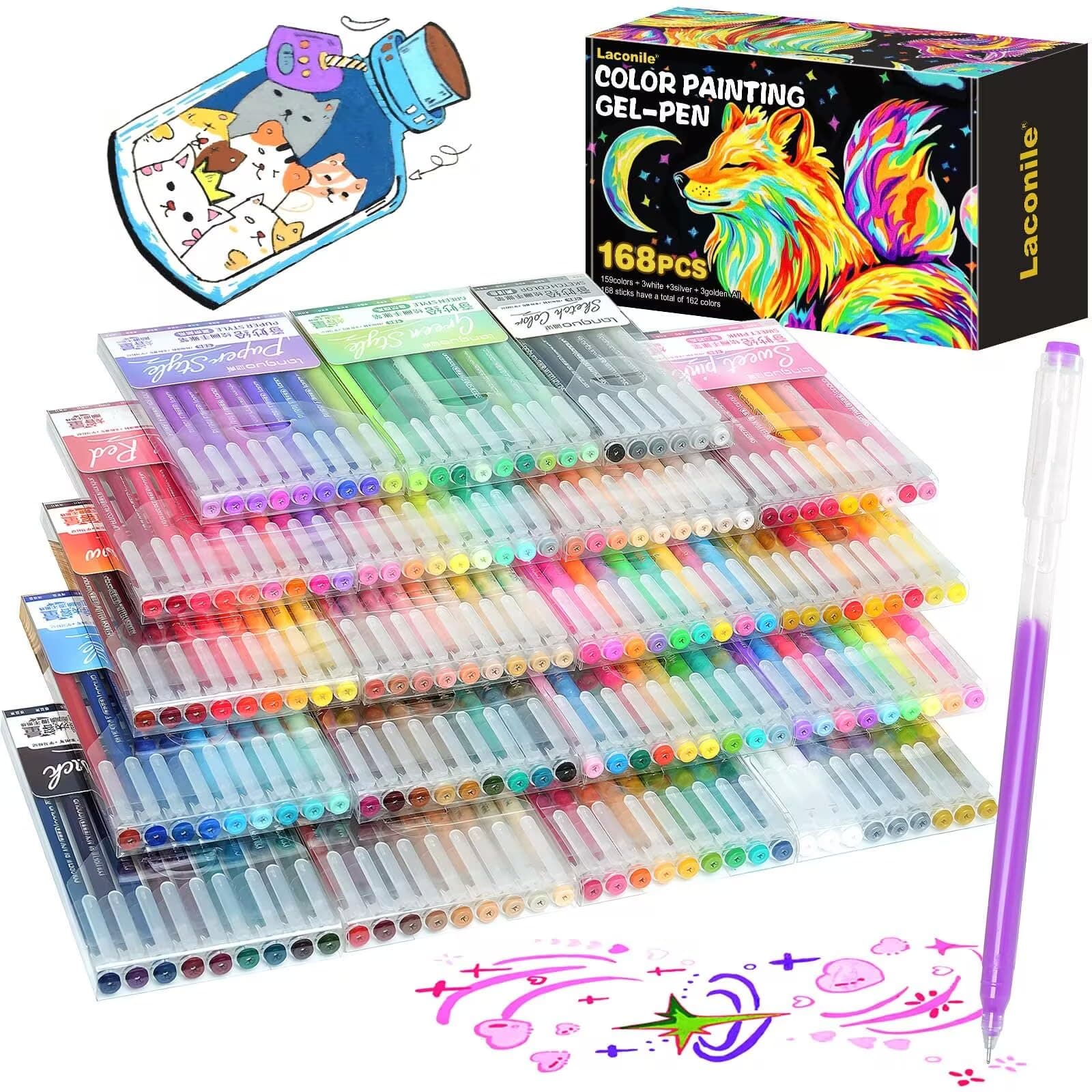Laconile Stylos Gel Couleurs Adultes – Lot de 168 Paillettes Pastels Métalliques Neons – Dessin Coloriage Artisanat Scra