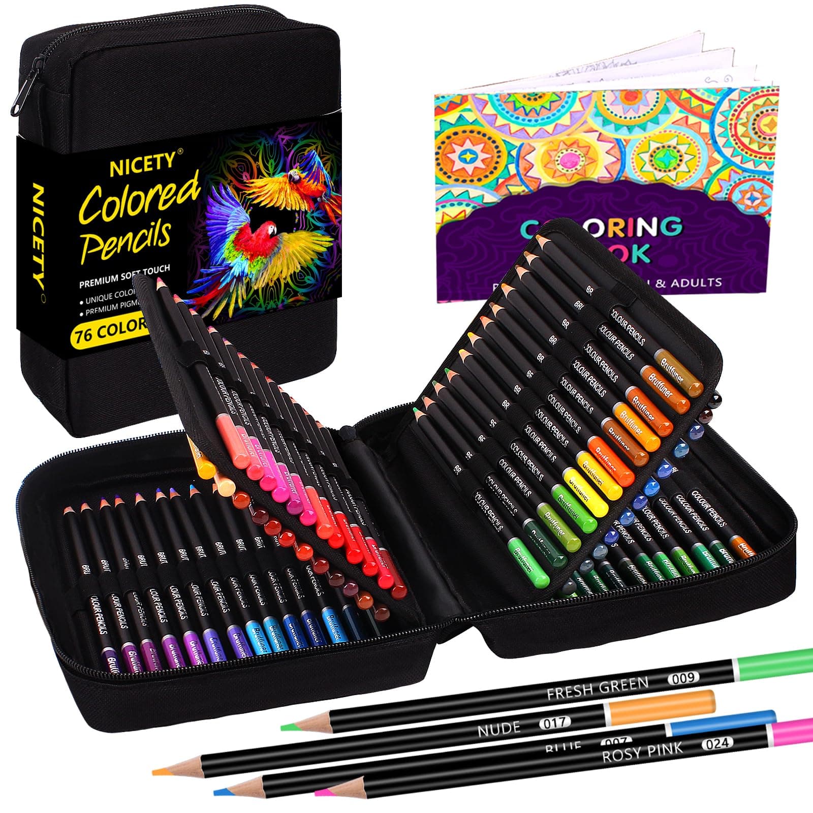 NIETTY Crayon de Couleurs 76 Pieces pour Adultes et Enfants, Idéal pour Coloriage et Dessin professionnel, Set Crayon Wo
